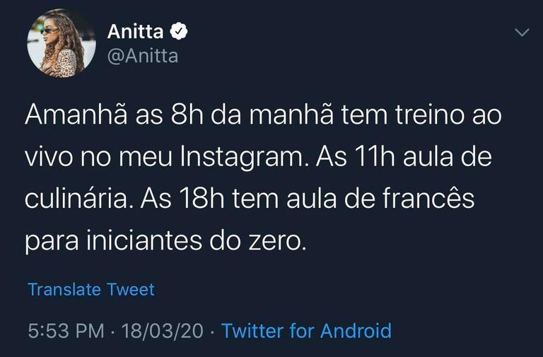 Anitta cria lista de atividades para entreter seu seguidores