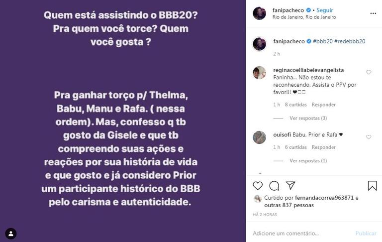 Ex-BBB Fani Pacheco revela torcida no BBB20 e elogia Prior