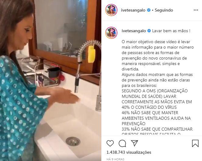 Ivete Sangalo posta vídeo lavando as mãos e fala sobre prevenção ao covid-19