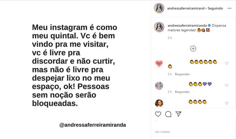 Andressa Ferreira manda recado para haters