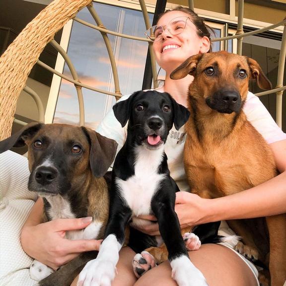 Camila Queiroz posa ao lado de seus cachorros