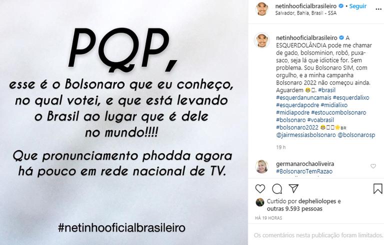 Netinho apoia discurso de Jair Bolsonaro