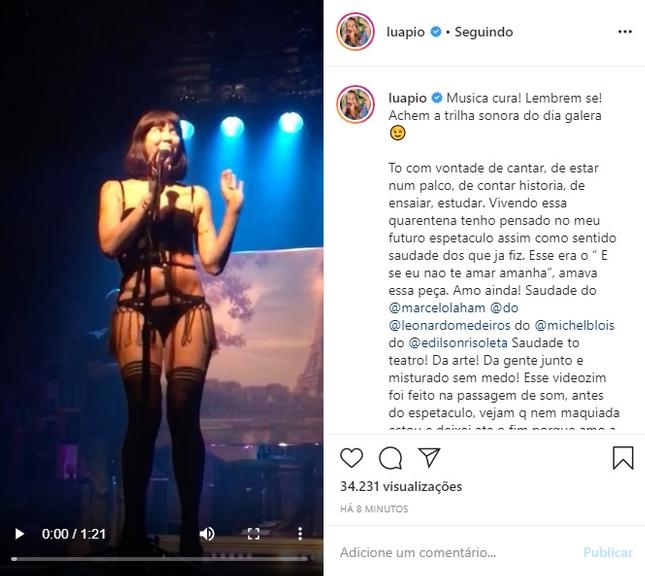 Luana Piovani posta vídeo cantando de lingerie durante peça