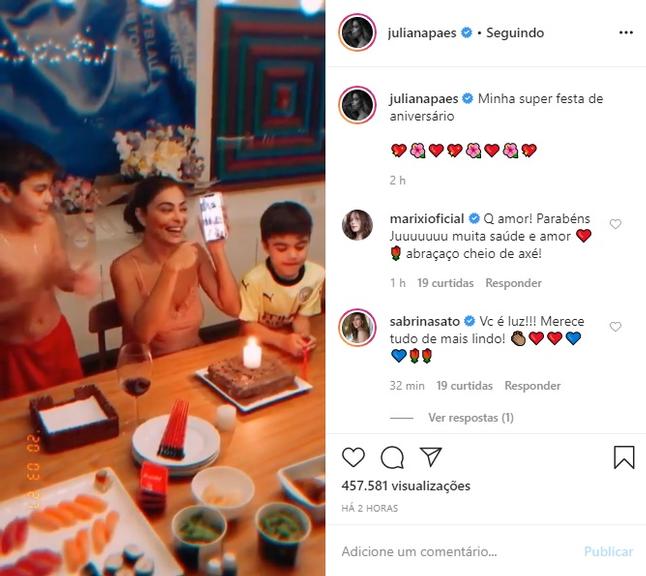 Juliana Paes ganha festa de aniversário durante quarentena