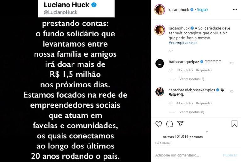  Luciano Huck revela arrecadação de R$1,5 milhão