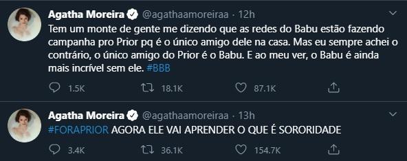 Agatha Moreira quer Prior eliminado