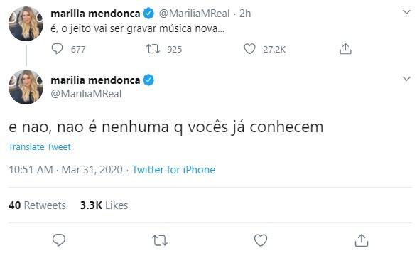 Marília Mendonça anuncia que vai gravar música nova