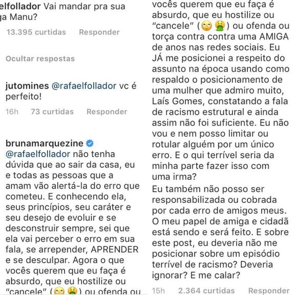Bruna Marquezine responde seguidor sobre fala racista de Manu Gavassi no BBB20