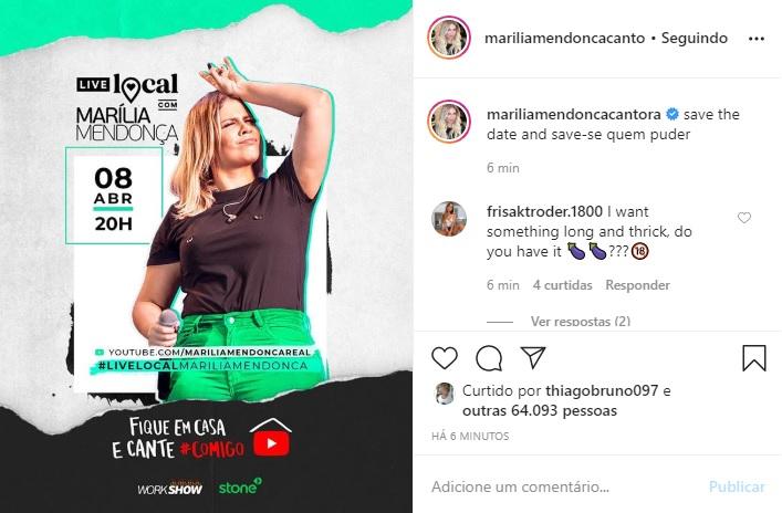 Marília Mendonça usa as redes sociais para anunciar live 