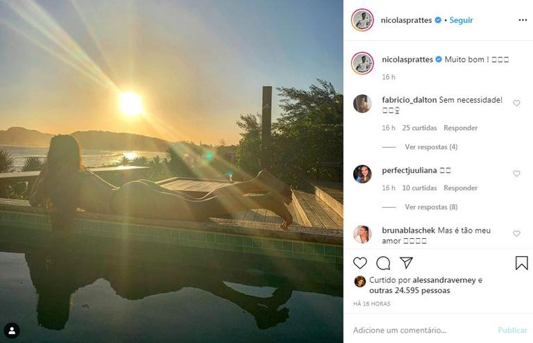 Nicolas Prattes posa clique da namorada de biquíni e fãs criticam