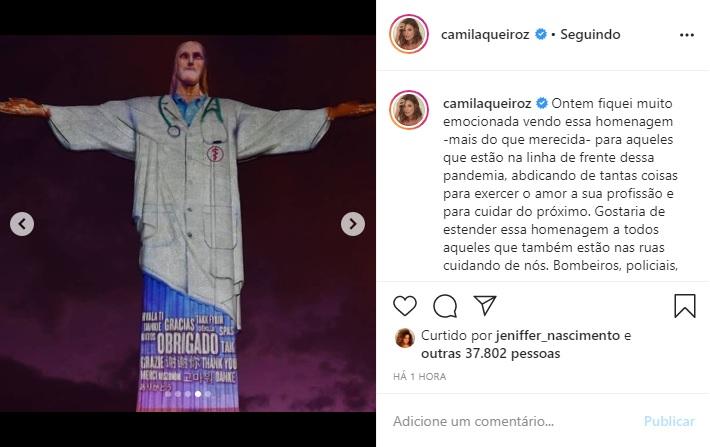 Camila Queiroz agradece profissionais no combate da pandemia