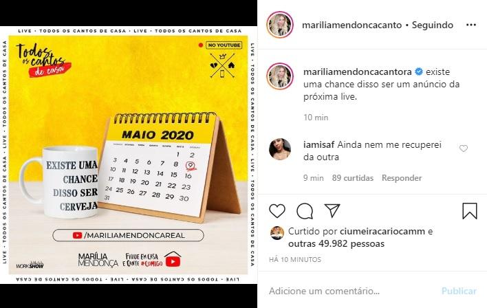 Marília Mendonça anuncia outra live e deixa os fãs ansiosos