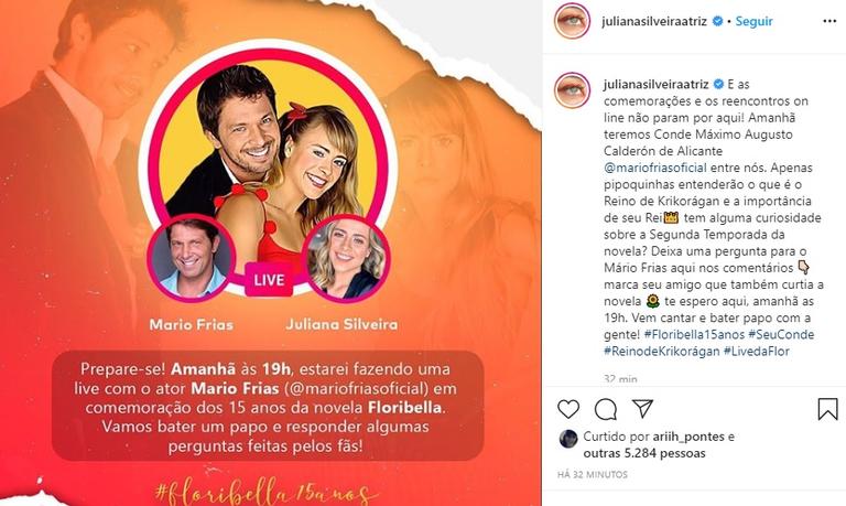Juliana Silveira anuncia live com Mario Frias para relembrar Floribella