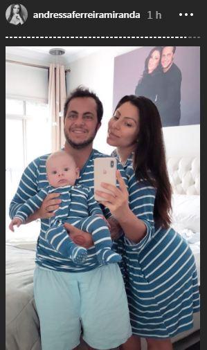 Andressa Ferreira, Thammy e Bento surgem com mesmo pijama