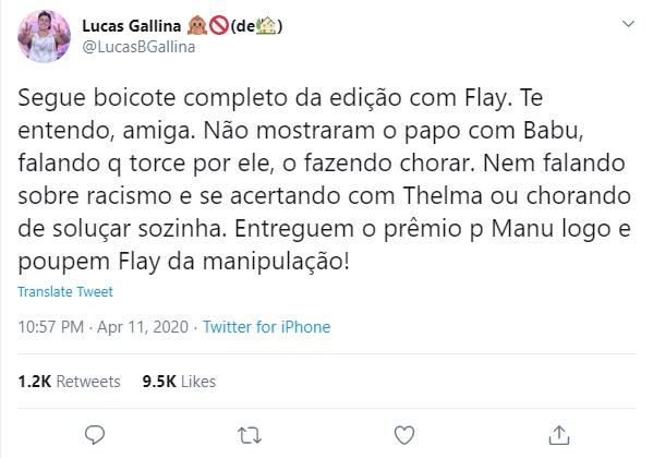 BBB 20: Lucas Gallina acusa Globo de manipulação