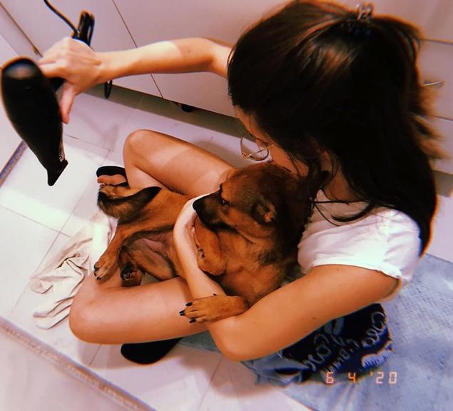 Camila Queiroz se diverte dando banho em suas cachorrinhas