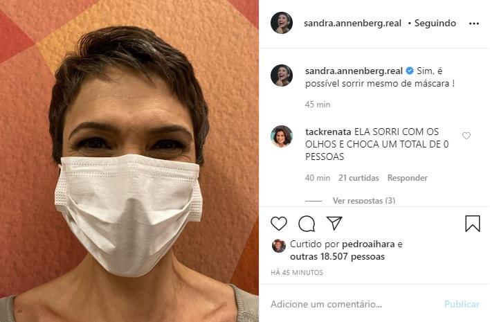 Sandra Annenberg posa de máscara e arranca elogios nas redes