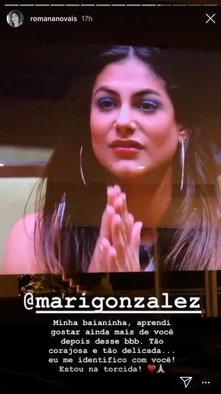 Romana Novais revela torcida para Mari Gonzalez