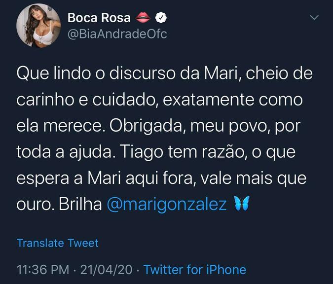 BBB 20: Após a saída de Mari, Bianca Andrade elogia a sister