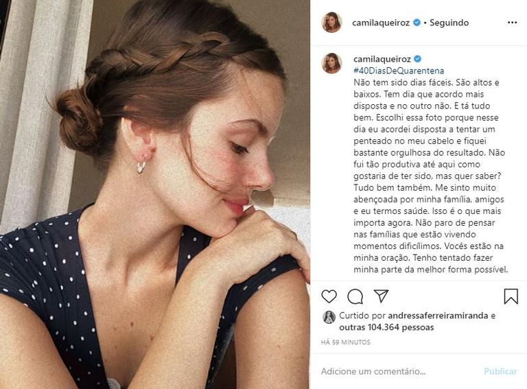 Camila Queiroz faz desabafo sobre sentimentos na quarentena