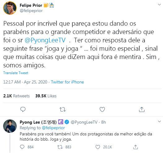 Felipe Prior elogia Pyong Lee e revela que são amigos