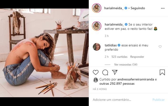 Hariany Almeida arranca elogios em foto fazendo topless