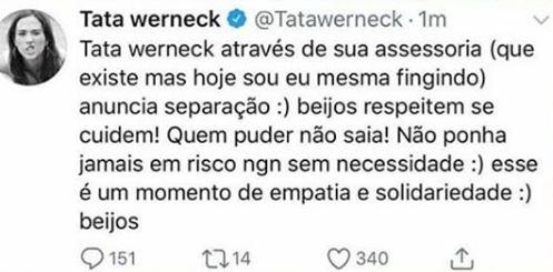 Tata Werneck anuncia separação e choca fãs