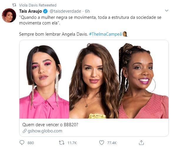 Taís Araújo torcida para Thelma do BBB20
