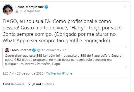 Bruna Marquezine elogia Tiago Leifert