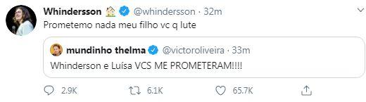  Após anunciar separação de Luísa Sonza, Whindersson Nunes responde fã no Twitter