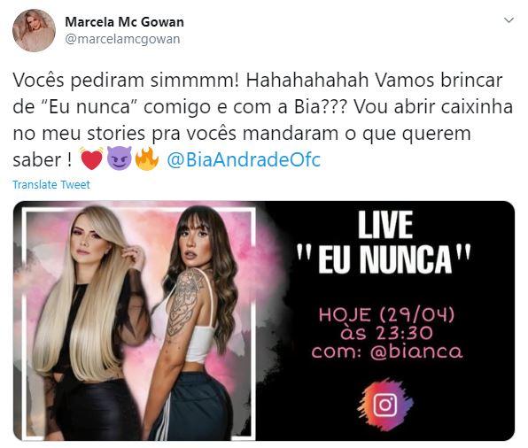 BBB20: Marcela McGowan e Bianca Andrade anunciam live juntas