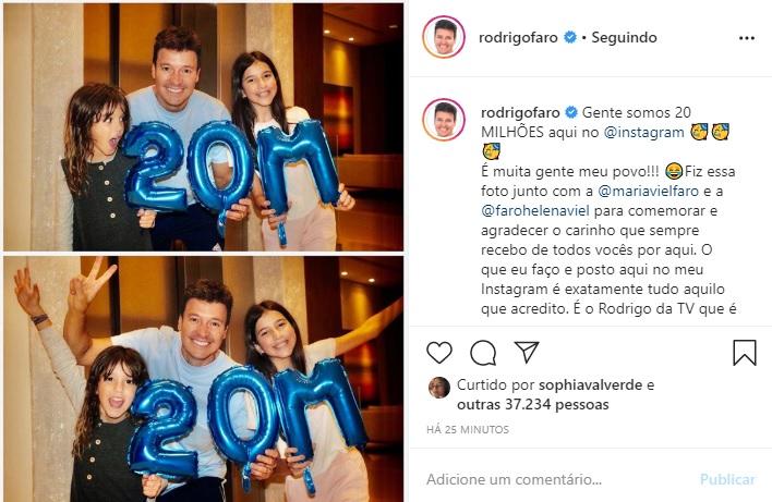 Rodrigo Faro alcança 20M seguidores e agracede na web