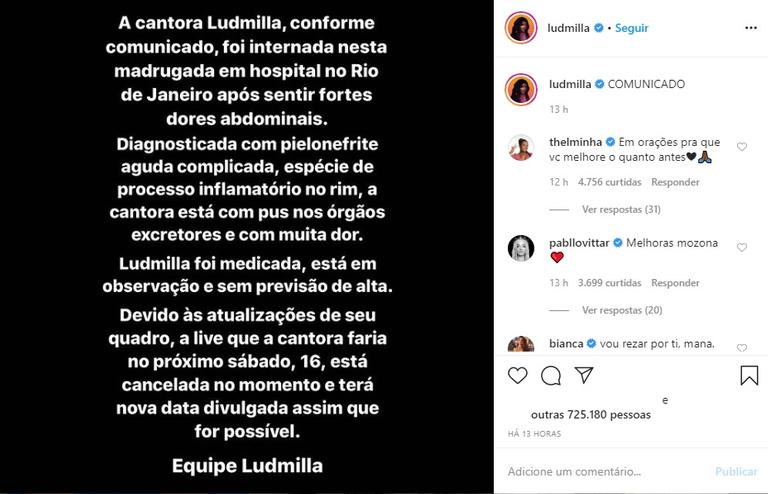 Equipe de Ludmilla revela estado de saúde da cantora