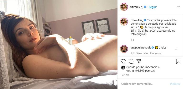 Titi Müller exibe barrigão e revela que a foto foi censurada