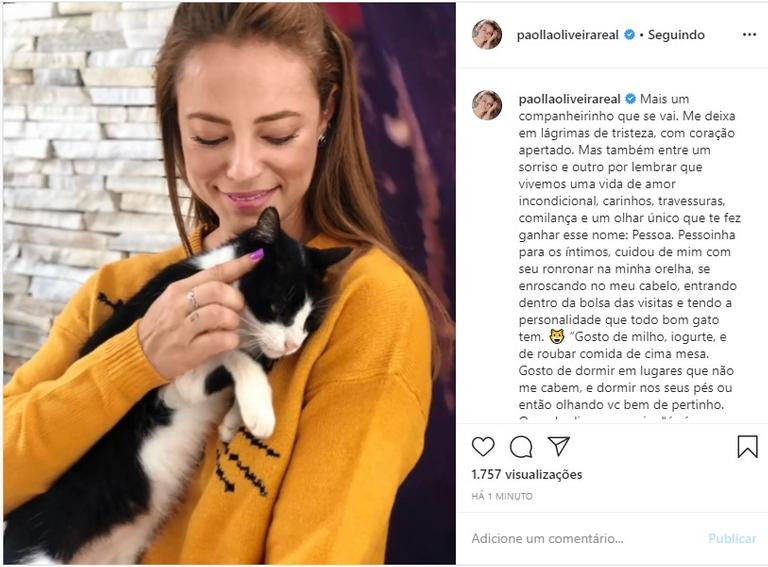 Paolla Oliveira lamenta morte de seu gatinho