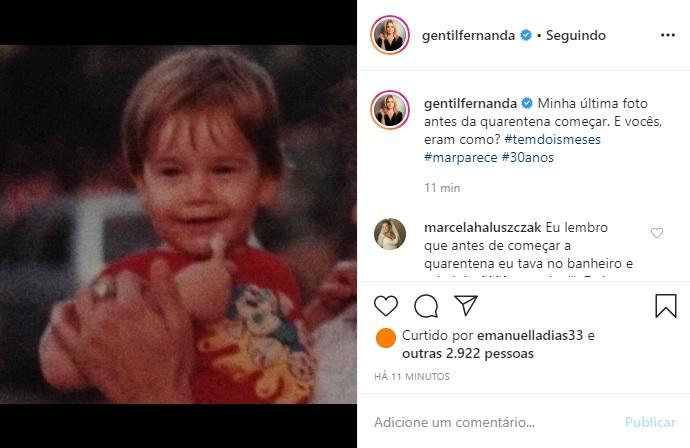 Fernanda Gentil usa foto antiga para brincar com quarentena