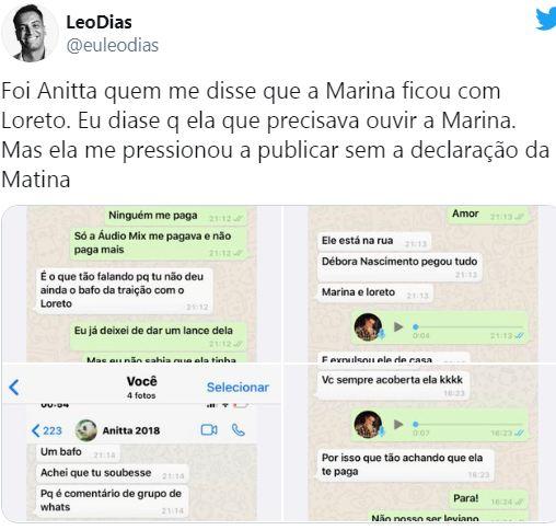 Leo Dias diz que Anitta se incomoda com o sucesso de Marina Ruy Barbosa