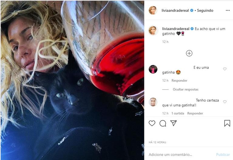 Lívia Andrade tomando vinho com gatinho