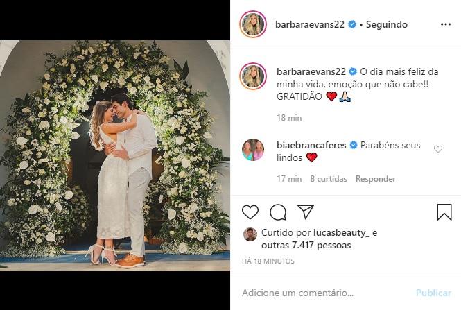 Bárbara Evans posta foto do casamento com Gustavo Theodoro