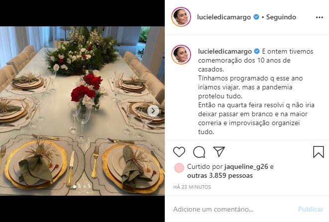 Luciele Di Camargo mostra jantar de aniversário de casamento