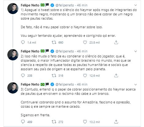 Felipe Neto apaga post em que cobra posicionamento de Neymar