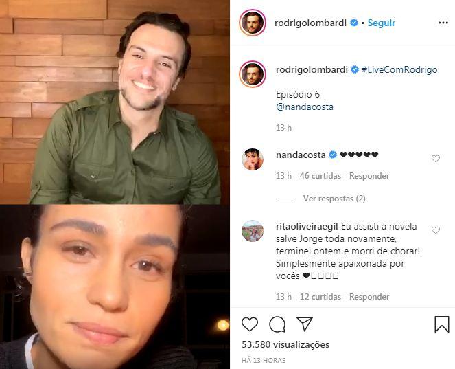 Nanda Costa se emociona com declaração de Rodrigo Lombardi durante live