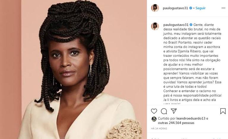 Paulo Gustavo cede seu Instagram a Djamila Ribeiro