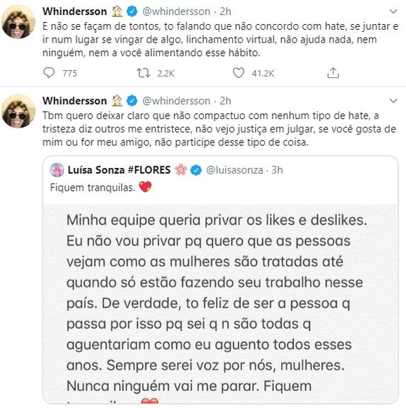 Whindersson Nunes defende Luísa Sonza