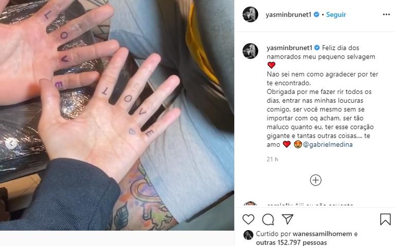 Yasmin Brunet e Gabriel Medina surpreendem com tatuagem de casal