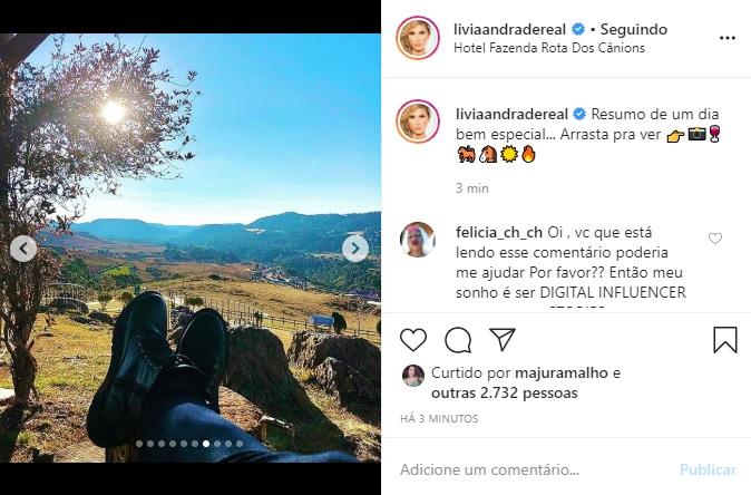 Lívia Andrade compartilha cliques em hotel fazenda