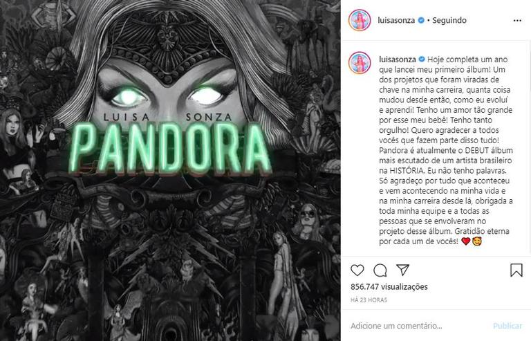Luísa Sonza comemora um ano do lançamento de 'Pandora'