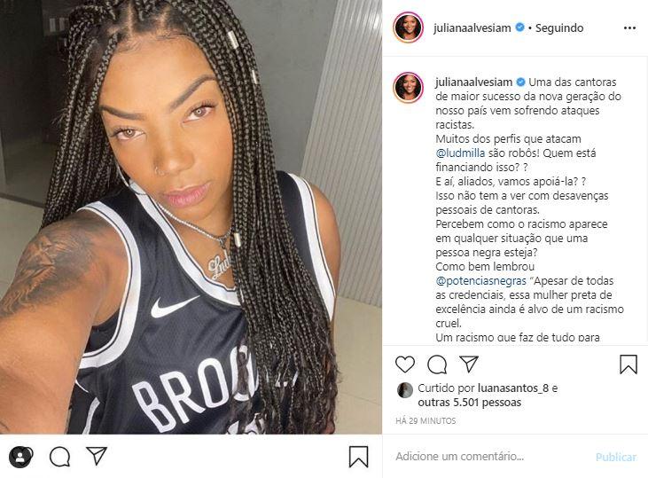 Juliana Alves defende Ludmilla após ataques racistas