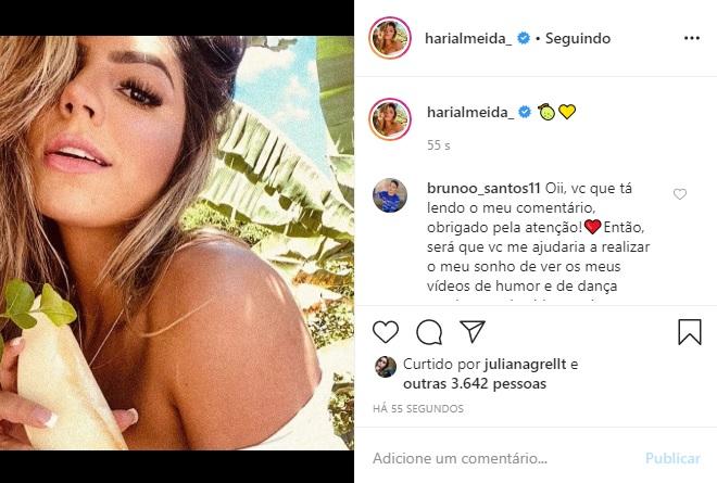 Hariany Almeida posta clique com fruta na mão e é elogiada