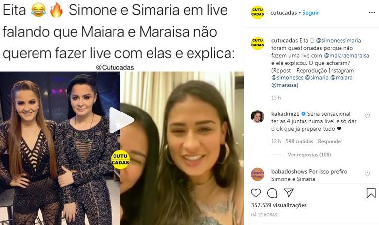 Kaká Diniz comenta sobre live de Simone e Simaria e Maiara e Maraisa